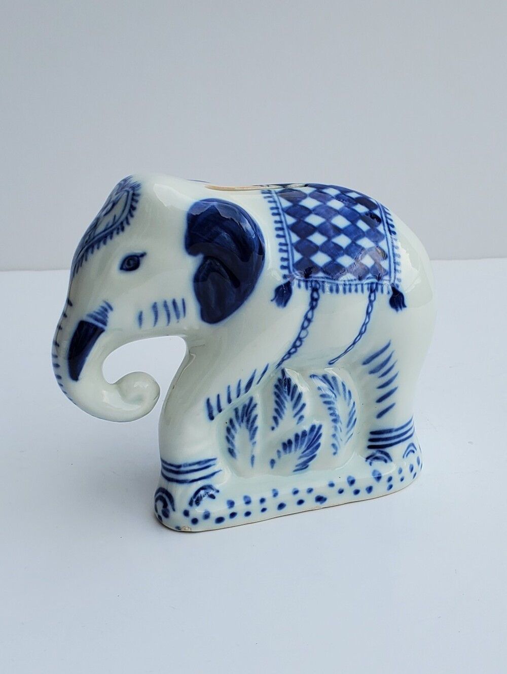 Vintage Chinoiserie Blue White Elephant Coin Bank with Stopper